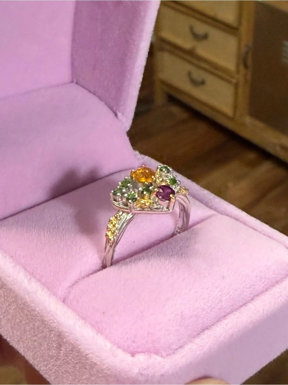 Natural Citrine Chrome Diopside & Garnet Heart Floral Twisted band Ring Sz 6.75